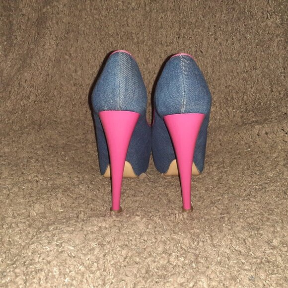 TACCETTI-Denim & Pink Patent-Peep Toe-Stiletto/Slim-Platform-Sz 37.5-Excellent - Picture 6 of 8